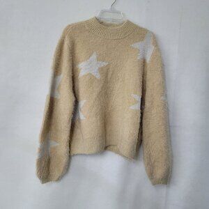Sugar + Lips Sweater Womens L Beige Star Eyelash Balloon Sleeve Mock Neck Chunky